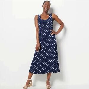 Susan Graver Women's Navy Blue White Sleeveless Polka Dot Liquid Knit Dress L